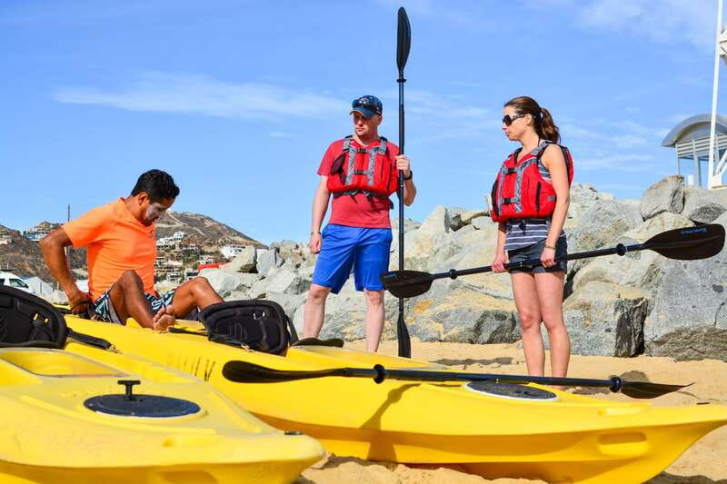 Los Cabos: Private Kayaking and Snorkeling Tour at the Arch - Entering the water near Cabo, not on a boat