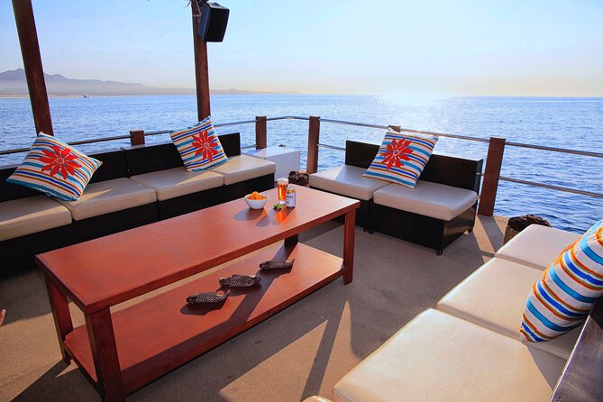 Private Cabo Catamaran with Water Toys for up to 20 Guests - The boat setup: MP3/iPod port, restroom, and room for a crowd